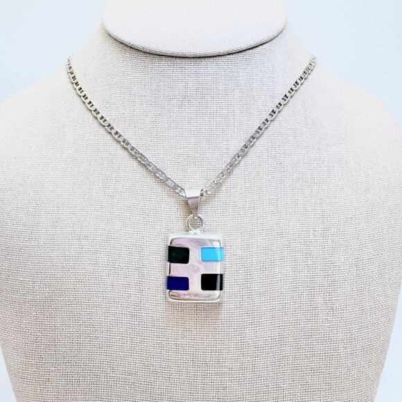 Sterling Silver 925 Multi Gemstone Southwestern Pendant Necklace Size 23" Length - Picture 2 of 16